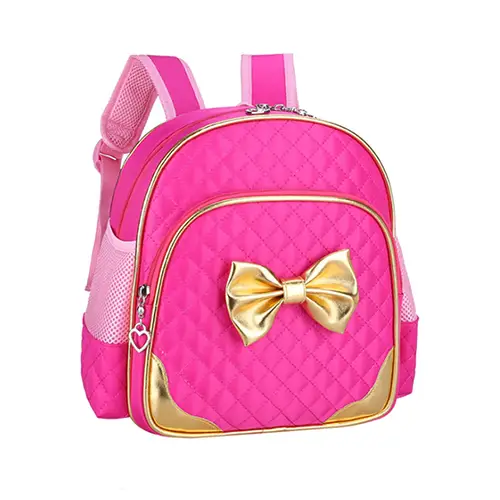 Quilted Pink Backpack with Golden Bow Accent and Customizable Logo